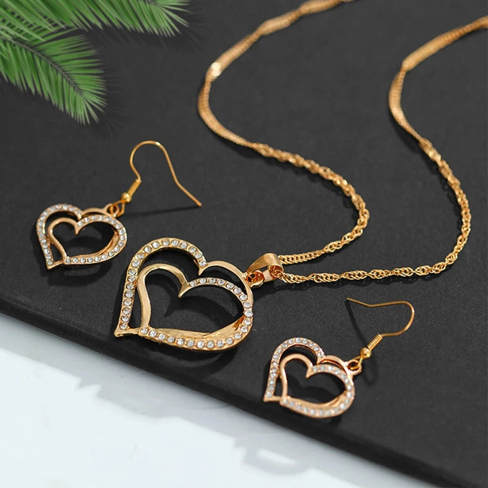 1 par de brincos + 1 colar estilo romântico francês conjunto de joias com design de coração brilhante prateado ou dourado faça sua escolha presente F