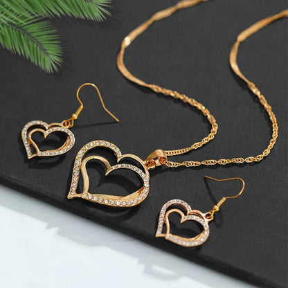 1 par de brincos + 1 colar estilo romântico francês conjunto de joias com design de coração brilhante prateado ou dourado faça sua escolha presente F