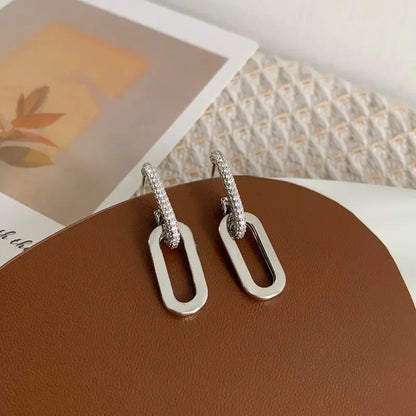 Creative Design Shiny Full of Crystal Geometry Round Hoop Earrings for Women Charm Silver Color Stainless Steel Korean Jewelry