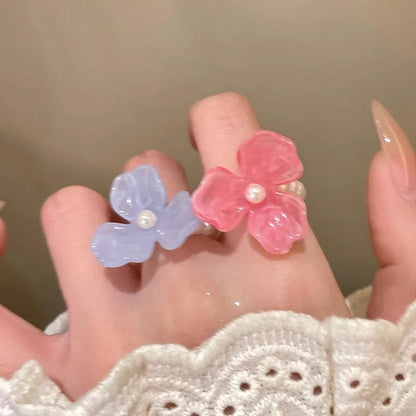 Imitation Pearl Acrylic Flower Rings Sweet Handmade Elastic Rope Romantic Jewelry Gift for Women Girl Fashion