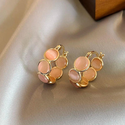 Sweet Girls' Pink Round Opals Hoop Earrings 2025 New Design Jewelry Luxury Accessories Suitable for Women's Daily Wear Earrings