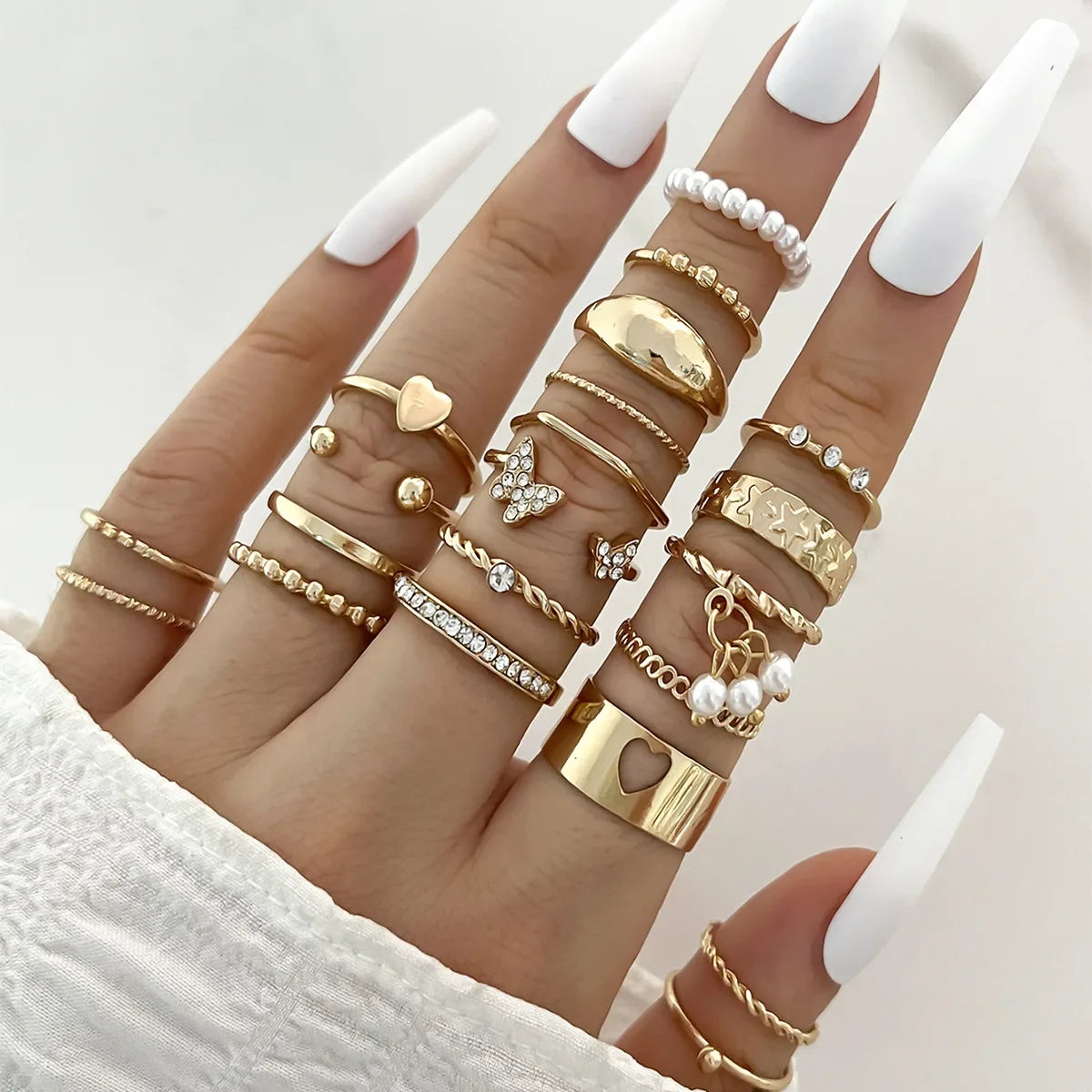 Silver Color Geometric Knuckle Ring Set For Women Artificial Pearl Simple Chain Finger Ring Female Bohemian Jewelry Accessories