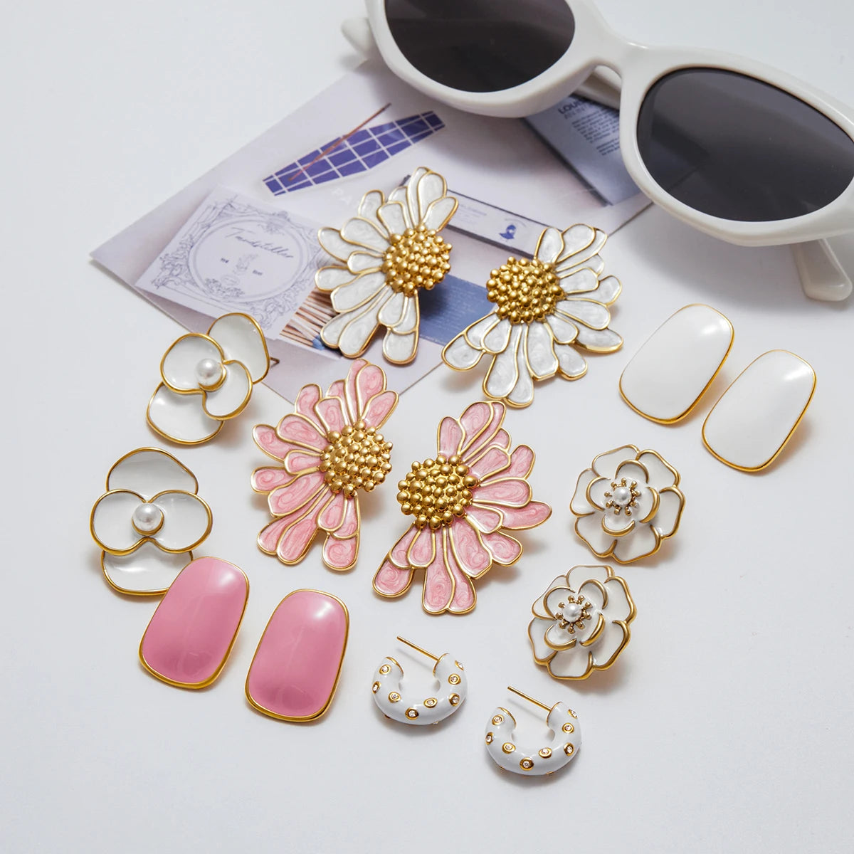 Uworld Fashion Trend 18K Gold Color Plated Stainless Steel Pink Drip Oil Flower Earrings Geometric Ear Studs Women's Accessories