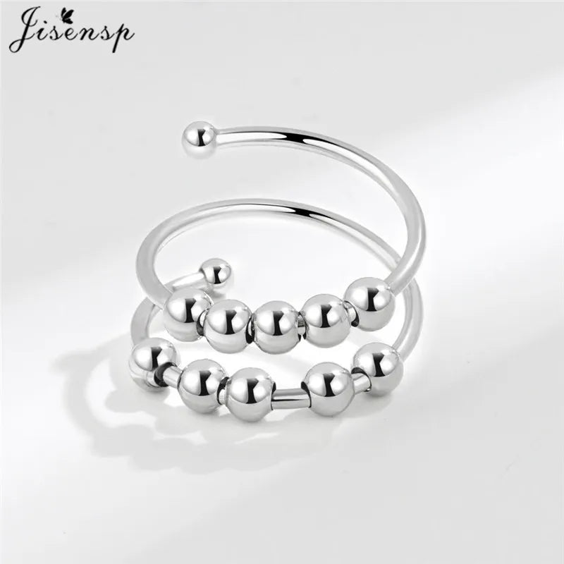 Simple Metal Beads Fidget Rotating Rings for Women Men Rotate Freely Anti Stress Anxiety Ring Spiral Round Ball Rotate Jewlery