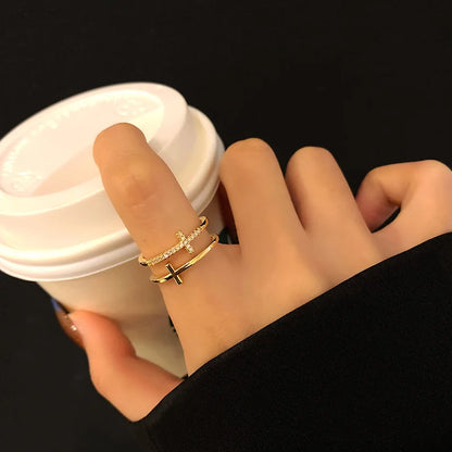 Trendy Gold Color Double Layer Cross Rings For Women Shiny Zircon Geometric Open Adjustable Finger Ring Party Wedding Jewelry