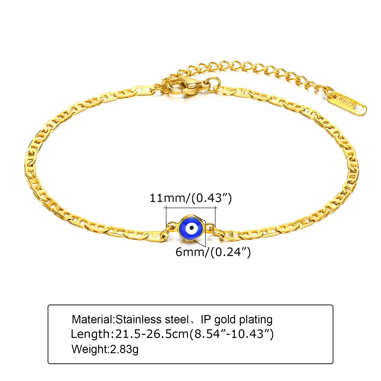 Anklets for Men, Turkey Evil Blue Eye Anklet. Stainless Steel Flat Mariner Link Ancho Chain Bracelet Anklet, Women Jewelry