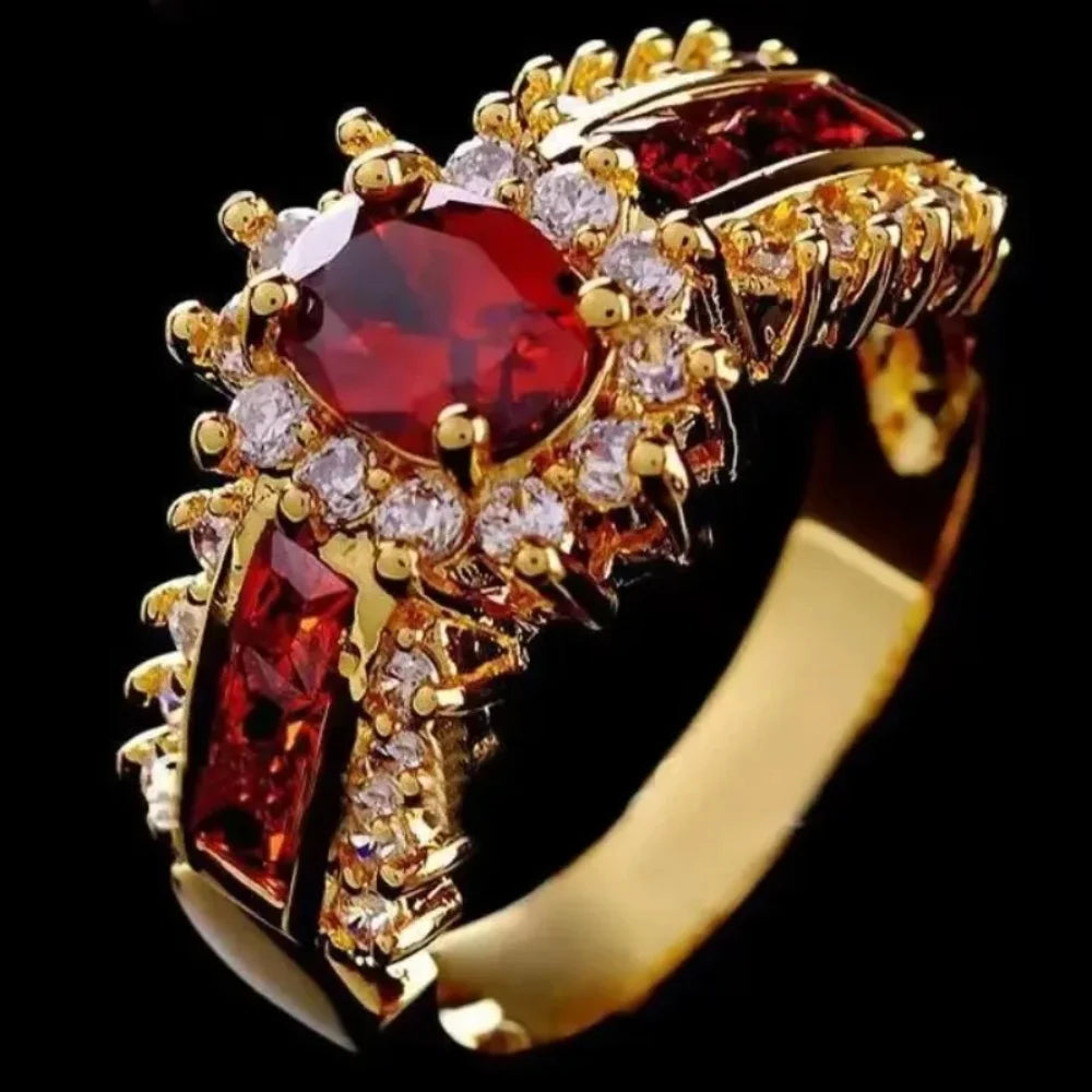 2024 new Luxurious Blue Red Zircon Fashion Men's and Women's Rings Gold Color Anniversary Unisex Jewelry Wedding Rings Wholesale
