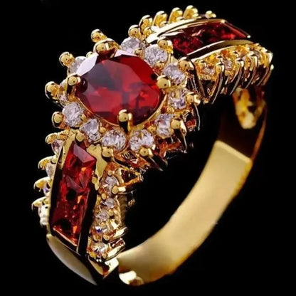 2024 new Luxurious Blue Red Zircon Fashion Men's and Women's Rings Gold Color Anniversary Unisex Jewelry Wedding Rings Wholesale