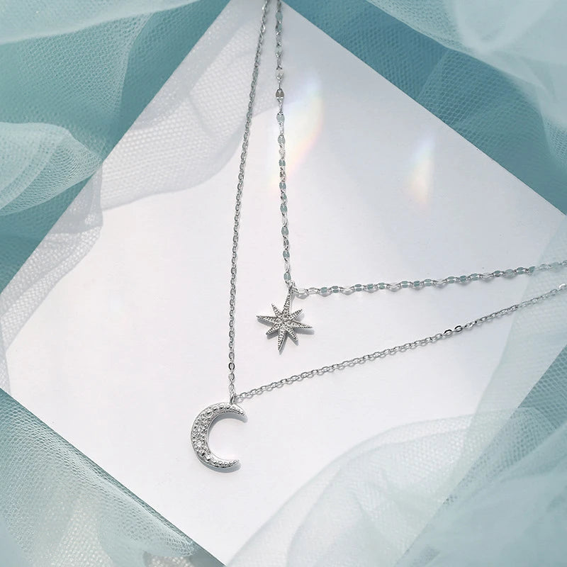 New Fashion Silver Color Double Layer Star Moon Necklace for Women Charm Delicate Zircon Wedding Pendant Choker Chain Jewelry