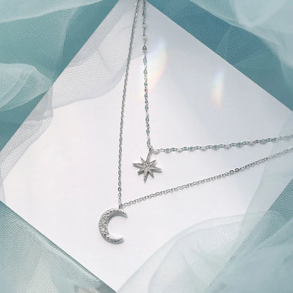 New Fashion Silver Color Double Layer Star Moon Necklace for Women Charm Delicate Zircon Wedding Pendant Choker Chain Jewelry