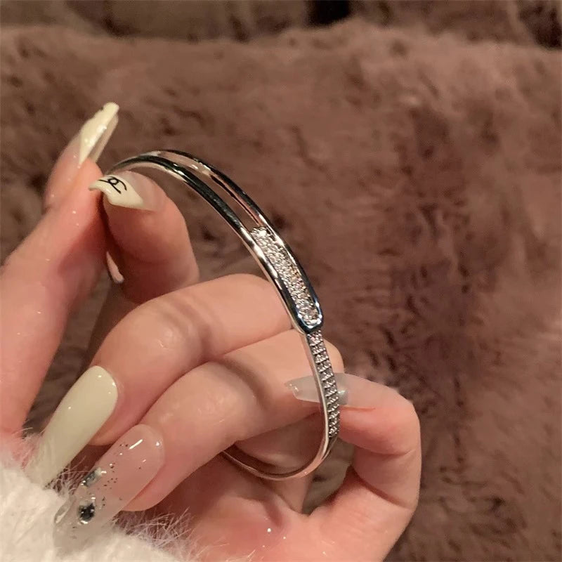 Silver Plated Micro Zircon Open Bangle For Women 2023 Korean Simple Design Hollow Versatile Bracelet Wedding Jewelry Party Gift