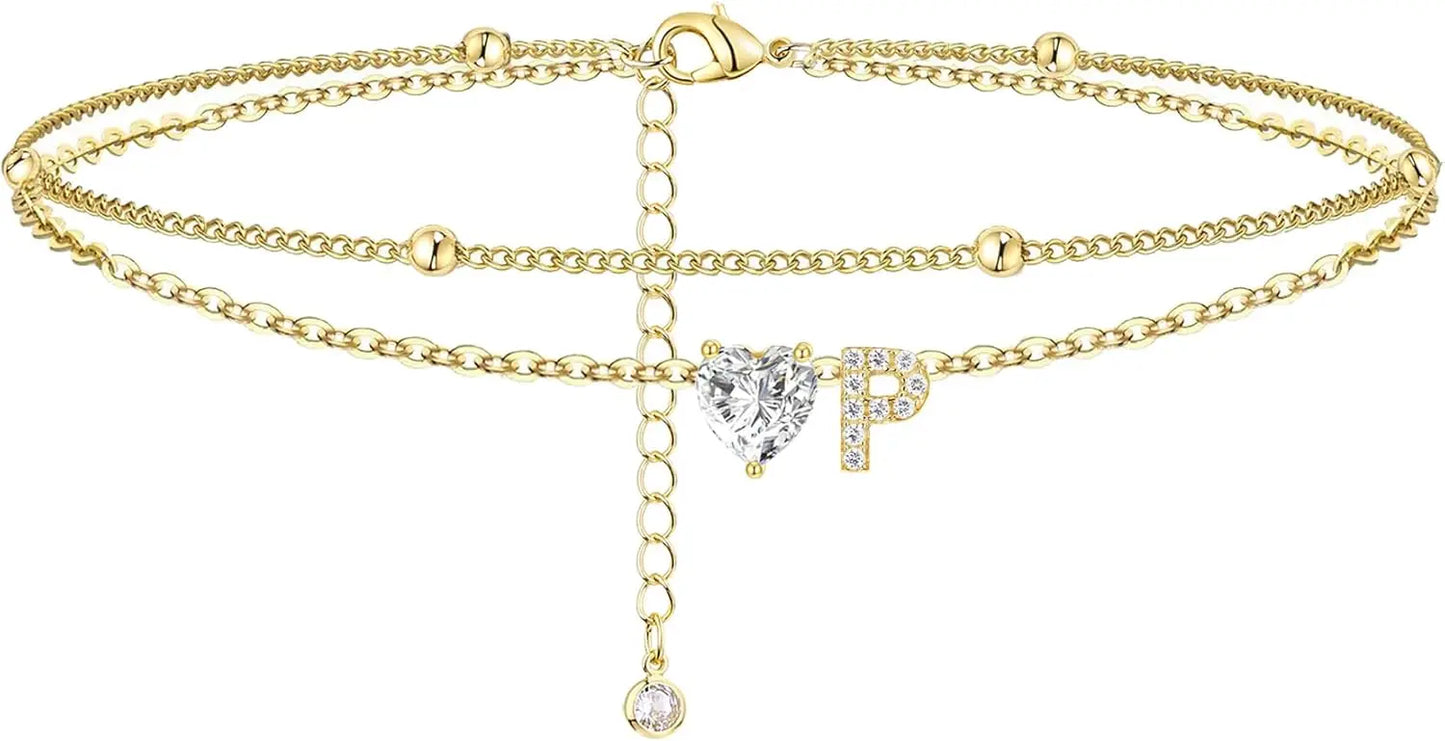 Ankle Bracelets for Women Waterproof 14K Gold Plated CZ Initial Dainty Layered Heart Anklets Foot Chain Summer Beach Jewelry