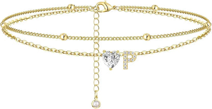 Ankle Bracelets for Women Waterproof 14K Gold Plated CZ Initial Dainty Layered Heart Anklets Foot Chain Summer Beach Jewelry