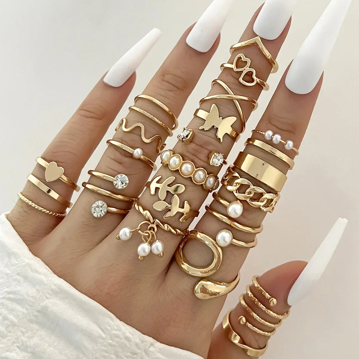 Silver Color Geometric Knuckle Ring Set For Women Artificial Pearl Simple Chain Finger Ring Female Bohemian Jewelry Accessories