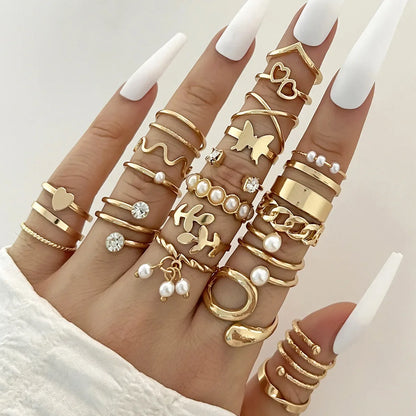 Silver Color Geometric Knuckle Ring Set For Women Artificial Pearl Simple Chain Finger Ring Female Bohemian Jewelry Accessories