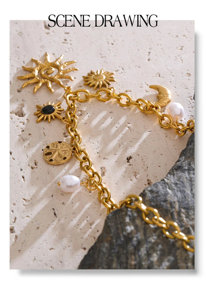 Yhpup Trendy Starfish Moon Sun Shaped Pendant Charm Necklace Statement Stainless Steel Golden Chain Fashion Jewelry PVD Plated