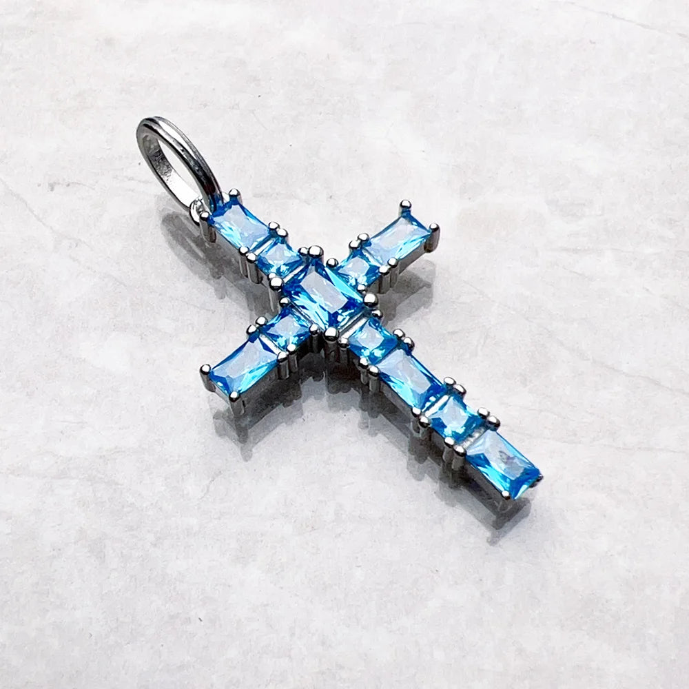 Pendant Cross with Aquamarine Stones Brand New Fine Jewelry 925 Sterling Silver Accessories Romantic Gift For Woman