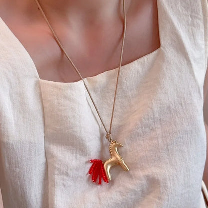 Minar New Luxury Metallic Cartoon Horse Beads Strand Tassel Pendant Necklaces for Women Long Adjustable Wax Rope Chain Choker