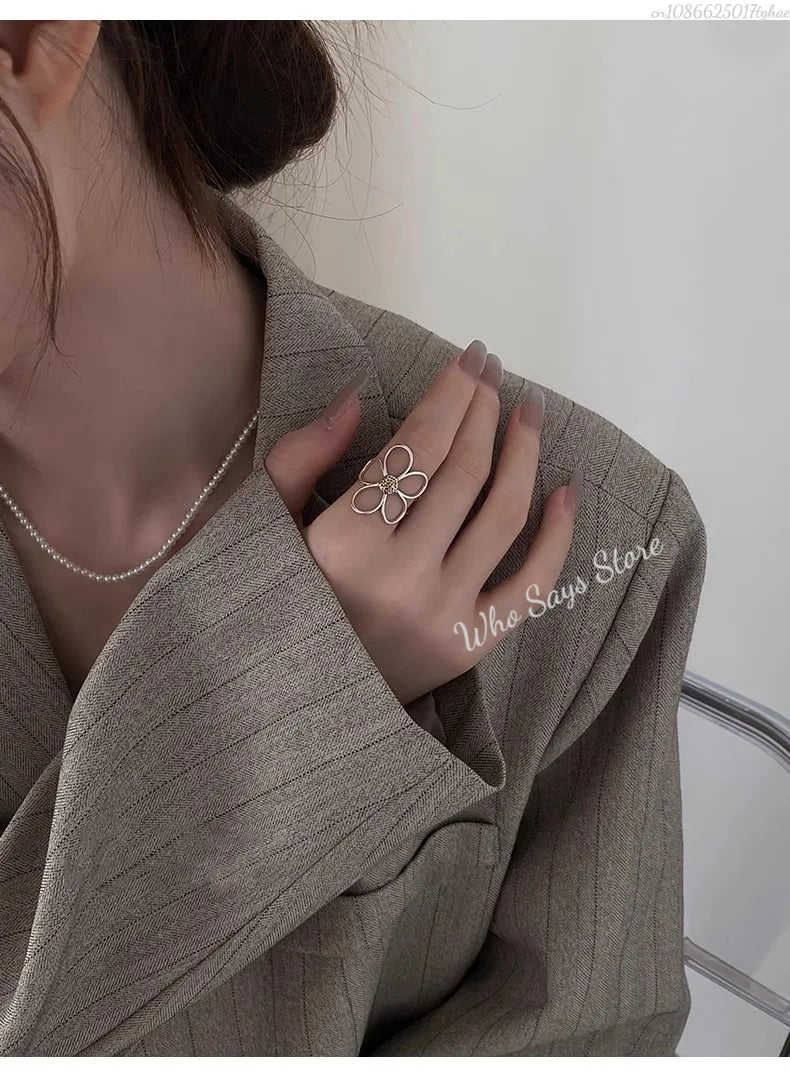 Sterling Silver Rings for Women Couple Minimalist Handmade Simple Big Flower Ring Party Jewelry Gift Prevent Allergy