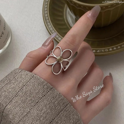 Sterling Silver Rings for Women Couple Minimalist Handmade Simple Big Flower Ring Party Jewelry Gift Prevent Allergy