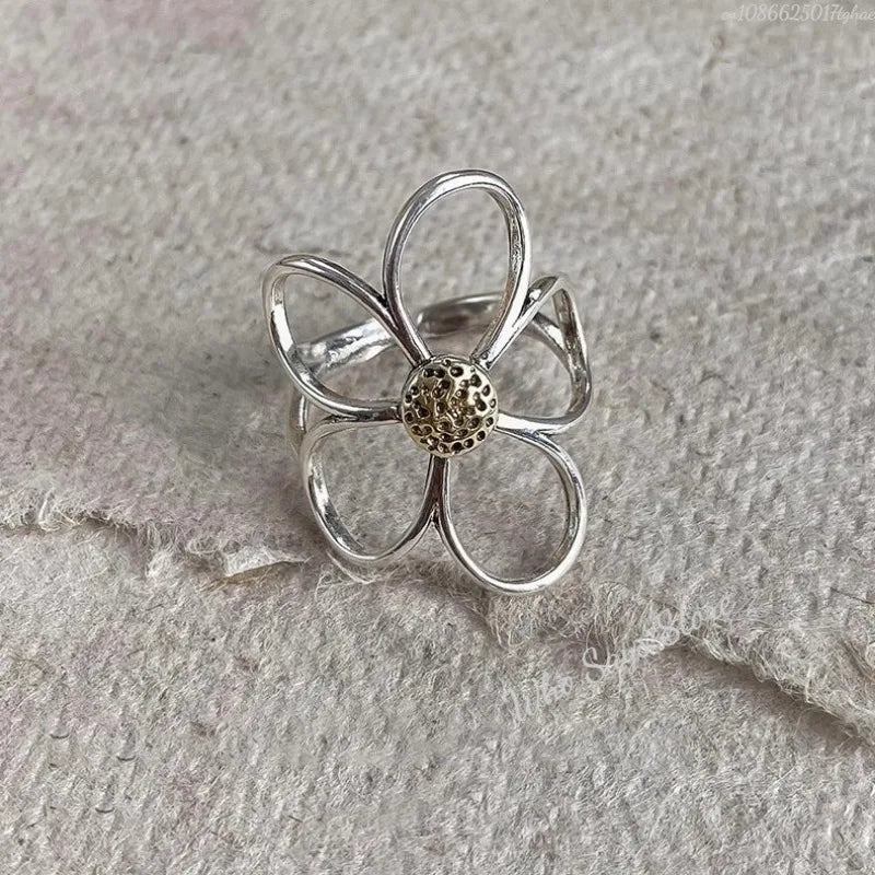 Sterling Silver Rings for Women Couple Minimalist Handmade Simple Big Flower Ring Party Jewelry Gift Prevent Allergy
