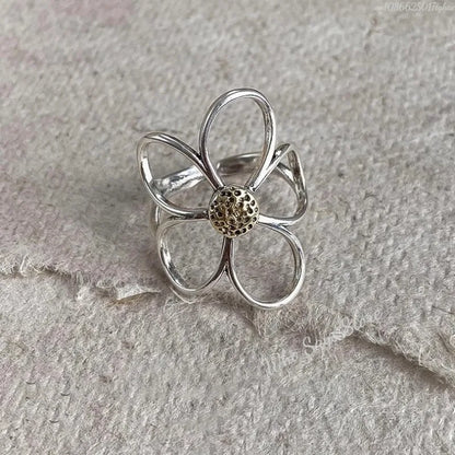 Sterling Silver Rings for Women Couple Minimalist Handmade Simple Big Flower Ring Party Jewelry Gift Prevent Allergy
