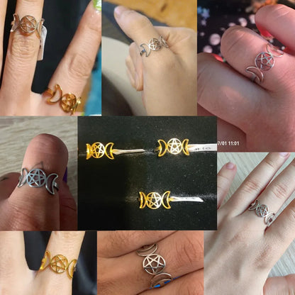 COOLTIME Pentagram Triple Moon Goddess Symbol Rings for Women Men Stainless Steel Crescent Star Ring Vintage Wicca Jewelry Gift