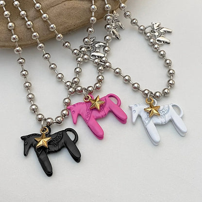 LATS Funny Cute White Black Pink Color Enamel Colt Horse Pendant Necklaces for Women Alloy Beads Chain Chokers Fashion Jewelry