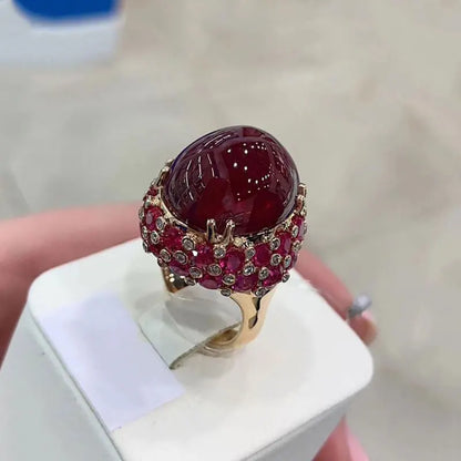 585 Purple Gold Plated 14K Rose Gold Inlaid Oval Ruby Rings for Women Adjustable Luxury Exaggerated Punk Wedding Jewelry