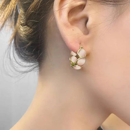 Sweet Girls' Pink Round Opals Hoop Earrings 2025 New Design Jewelry Luxury Accessories Suitable for Women's Daily Wear Earrings