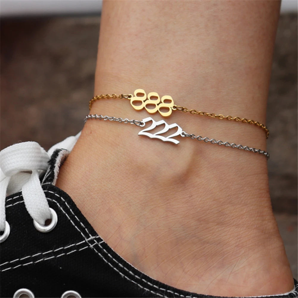 111 222 333 444 555 666 777 888 999 Angel Number Anklets For Women Stainless Steel Leg Bracelet Beach Foot Goth Jewelry BFF Gift