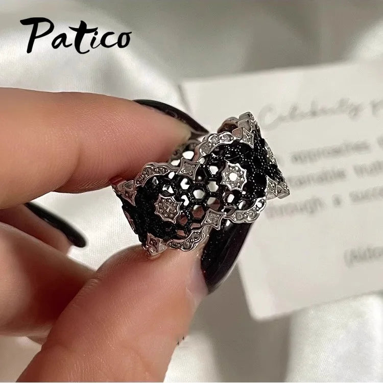 Elegant Genuine 925 Sterling Silver Rings for Women Wedding Engagement Anniversary Accessory Black Color Geometric Modern Design