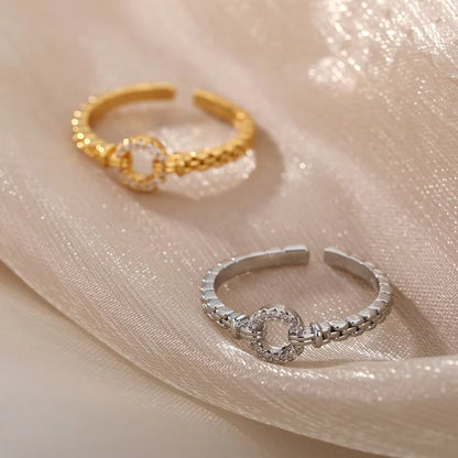 Zircon Round Rings For Women Punk Rock Chain Esthetics Open Adjusted Ring Accessories Finger Jewelry Dainty Gift Bijoux Femme