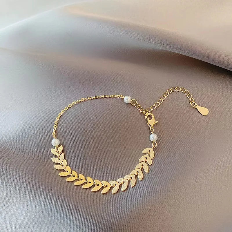 New Simple Wheat Ear Pearl Bracelet Necklace Earrings Jewelry Set for Women Lucky Gold Color Bracelet Charm Jewelry Necklaces