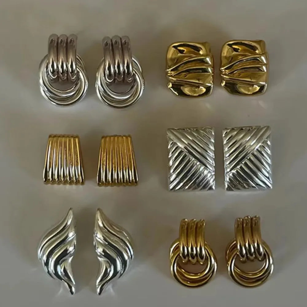 Retro Gold Plated Stainless Steel Texture Earrings for Women Circle Twist Geometric Statement Ear Stud Fashion Jewelry Bijoux