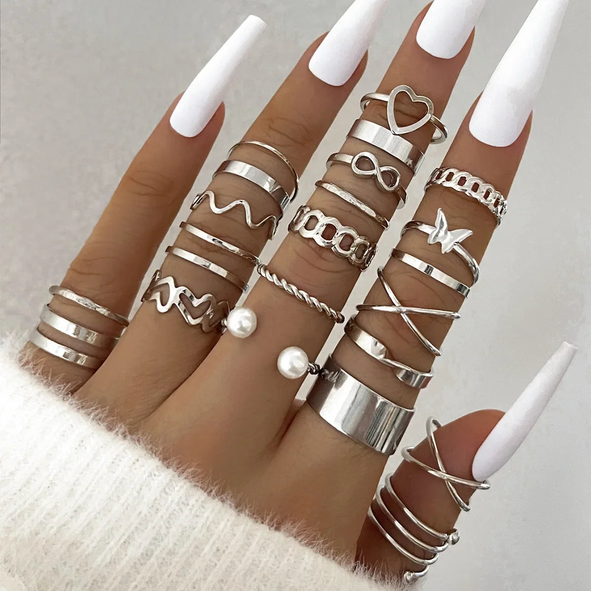Silver Color Geometric Knuckle Ring Set For Women Artificial Pearl Simple Chain Finger Ring Female Bohemian Jewelry Accessories