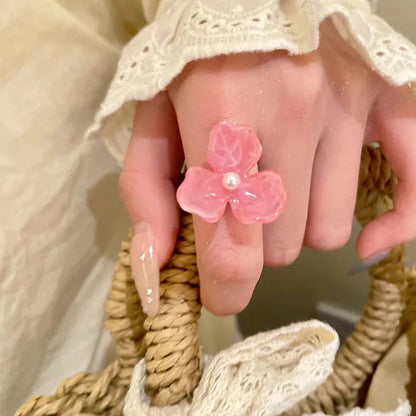 Imitation Pearl Acrylic Flower Rings Sweet Handmade Elastic Rope Romantic Jewelry Gift for Women Girl Fashion