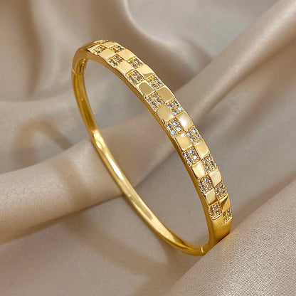 Flashbuy Gold Color Chic Inlaid Zircon Copper Bangle Bracelet For Women Statement New Design Temperament Wrist Fashion Jewelry