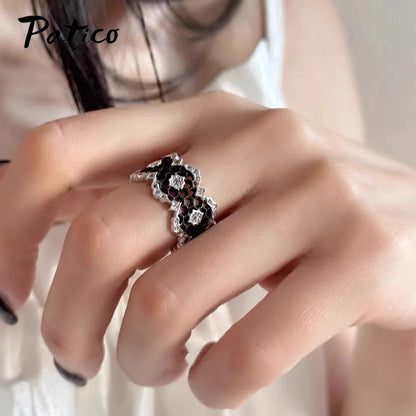 Elegant Genuine 925 Sterling Silver Rings for Women Wedding Engagement Anniversary Accessory Black Color Geometric Modern Design