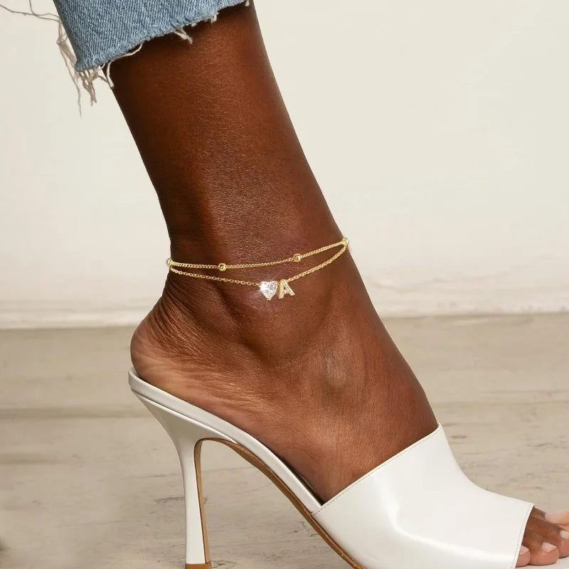 Ankle Bracelets for Women Waterproof 14K Gold Plated CZ Initial Dainty Layered Heart Anklets Foot Chain Summer Beach Jewelry