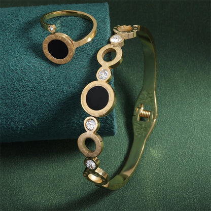 ZAKOL 2 Pcs Fashion Bracelet Rings For Women Black Acrylic Roman Numeral Stainless Steel Couple Bracelet Jewelry Set Gift