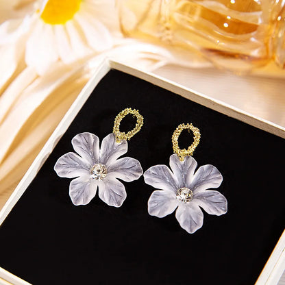 White Flower Dangle Earrings for Women Acrylic Big Floral Metal Circle Drop Earrings Korean Fashion Cute Girl Party Jewelry Gift