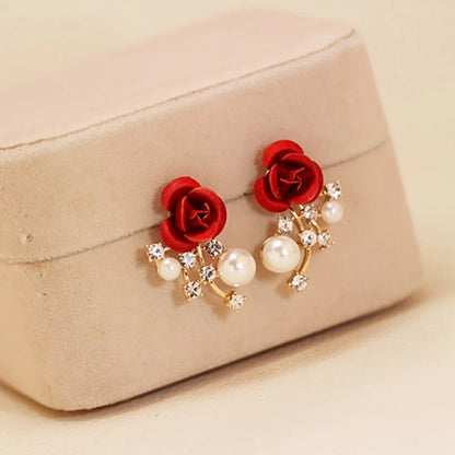 Fashion Red Rose Rhinestone Stud Earrings For Women Butterfly Angel Wings Pearl Flowers Earring Bride Wedding Engagement Jewelry