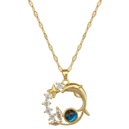 Exquisite Dolphin Star Blue Crystal Pendant Necklace For Women Fashion Personalized Daily Accessory Party Jewelry Birthday Gifts