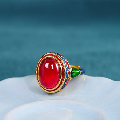 Original ancient gold craftsmanship natural carnelian rings for women flower enamel national style light luxury Wedding jewelry