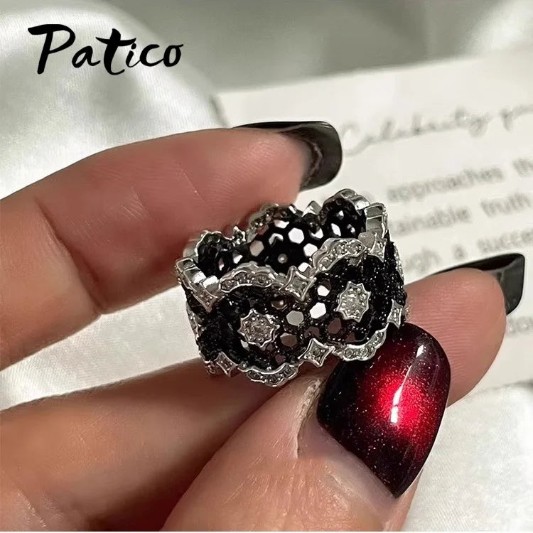 Elegant Genuine 925 Sterling Silver Rings for Women Wedding Engagement Anniversary Accessory Black Color Geometric Modern Design