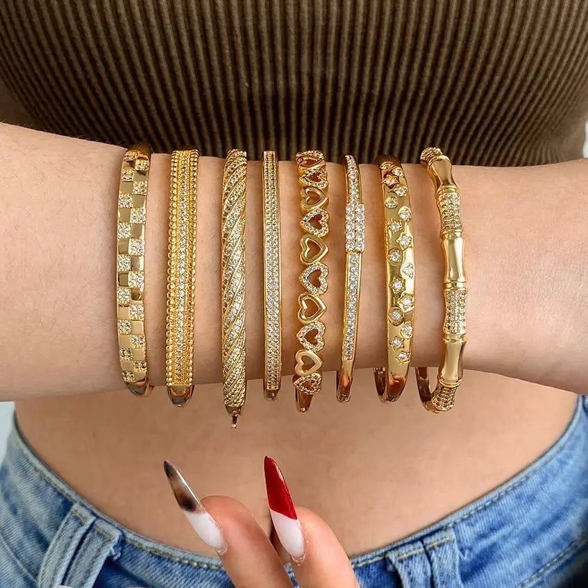 Flashbuy Gold Color Chic Inlaid Zircon Copper Bangle Bracelet For Women Statement New Design Temperament Wrist Fashion Jewelry