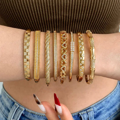 Flashbuy Gold Color Chic Inlaid Zircon Copper Bangle Bracelet For Women Statement New Design Temperament Wrist Fashion Jewelry