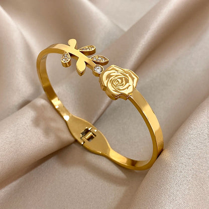 Greatera Stainless Steel Double Flower Cuff Bracelet Bangle for Women Gold Color Metal Floral Bracelets Waterproof Party Jewelry