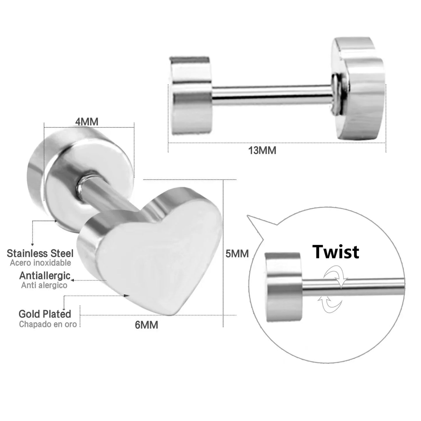 K Gold Plated White Gold Plated Posts Pair of Flat Back Stud Earrings for Women | Heart Earrings